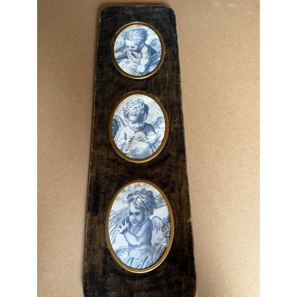 Vintage Cherub Angel Trio Wall Hanging Brown Velvet Gold Frame Blue Sketches